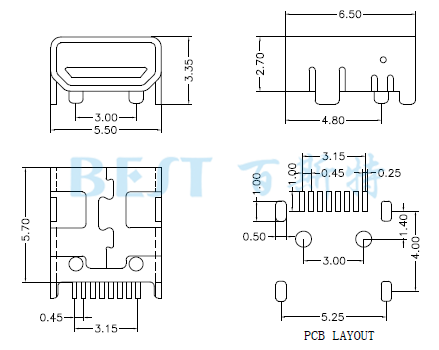 USB插座USB-4T-09参考图纸