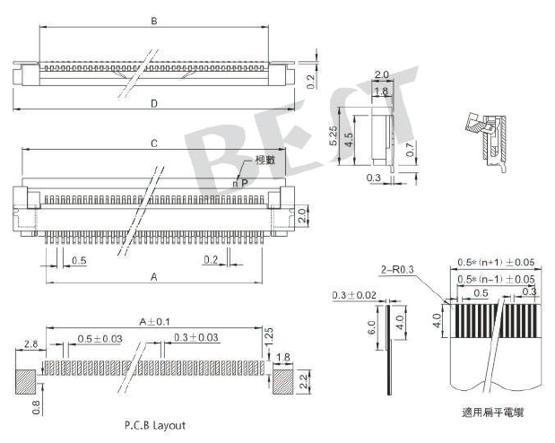  FPC连接器0.5K-DX-NPWB-T/R参考图纸