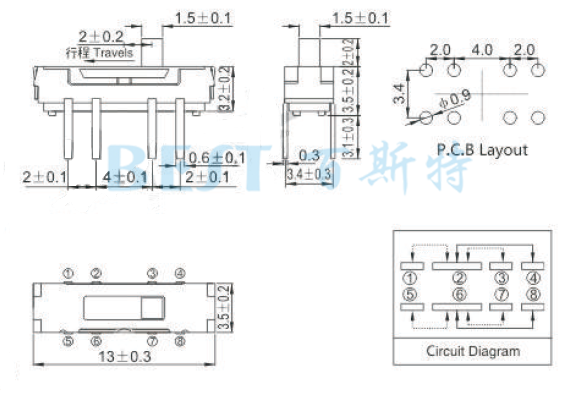 微型拨动开关MSS-23D38参考图纸